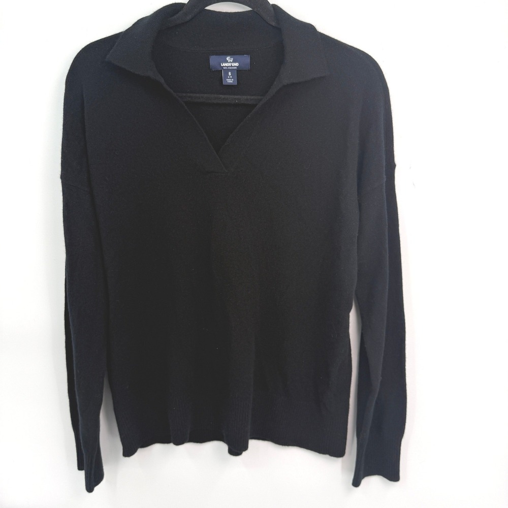 Lands End Cashmere Polo Sweater Women S Black Dark Academia Quiet Luxury Capsule